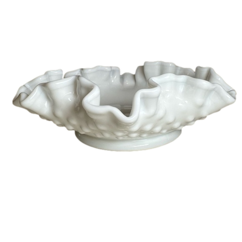 Rare Vintage 1973 Fenton Hobnail Milkglass Double Crimped Ruffle Small Dish